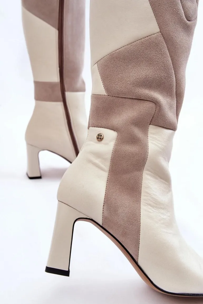 Damskie Skórzane Kozaki Do Kolan Maciejka 05784-22 Jasnobeżowe