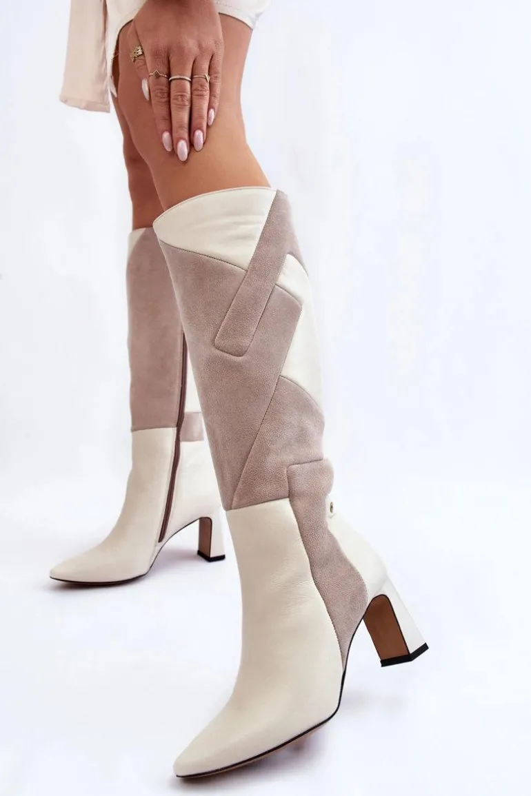 Damskie Skórzane Kozaki Do Kolan Maciejka 05784-22 Jasnobeżowe