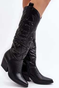 Damskie Skórzane Kozaki Kowbojki Na Słupku Czarne Sloana