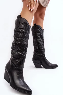 Damskie Skórzane Kozaki Kowbojki Na Słupku Czarne Sloana