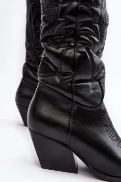 Damskie Skórzane Kozaki Kowbojki Na Słupku Czarne Sloana