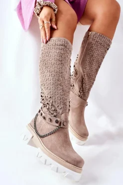 Damskie Skórzane Kozaki Lewski Cappuccino Zamszowe 2866