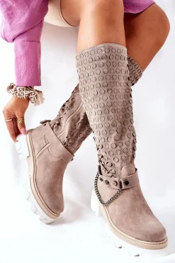 Damskie Skórzane Kozaki Lewski Cappuccino Zamszowe 2866