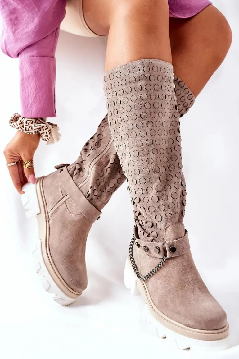 Damskie Skórzane Kozaki Lewski Cappuccino Zamszowe 2866