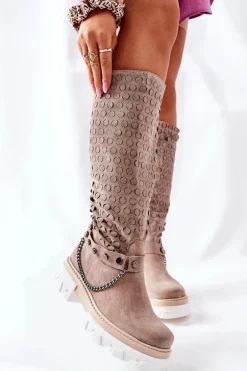 Damskie Skórzane Kozaki Lewski Cappuccino Zamszowe 2866