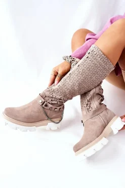 Damskie Skórzane Kozaki Lewski Cappuccino Zamszowe 2866