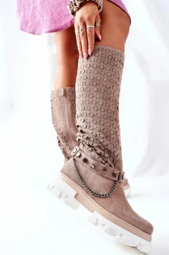 Damskie Skórzane Kozaki Lewski Cappuccino Zamszowe 2866