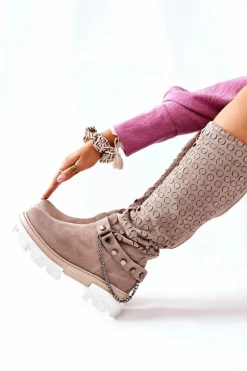 Damskie Skórzane Kozaki Lewski Cappuccino Zamszowe 2866