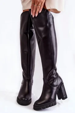 Damskie Skórzane Kozaki Muszkieterki Czarne Georgette