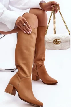 Damskie Skórzane Kozaki Na Obcasie Camel Lewski 2928/B/2