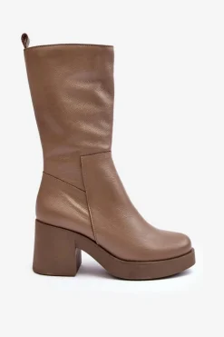 Damskie Skórzane Kozaki Na Masywnym Słupku Ciemnobeżowe Lemar Odennia