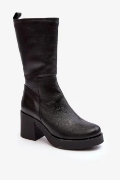 Damskie Skórzane Kozaki Na Masywnym Słupku Czarne Lemar Odennia