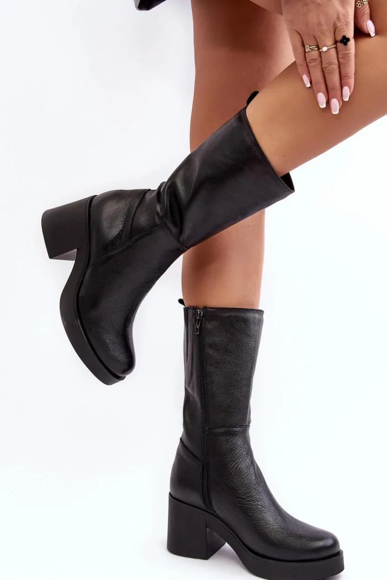 Damskie Skórzane Kozaki Na Masywnym Słupku Czarne Lemar Odennia