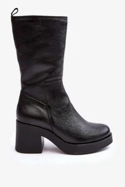 Damskie Skórzane Kozaki Na Masywnym Słupku Czarne Lemar Odennia