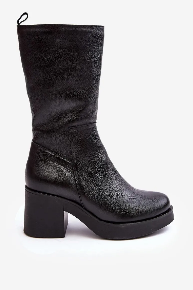 Damskie Skórzane Kozaki Na Masywnym Słupku Czarne Lemar Odennia
