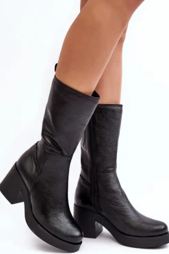 Damskie Skórzane Kozaki Na Masywnym Słupku Czarne Lemar Odennia