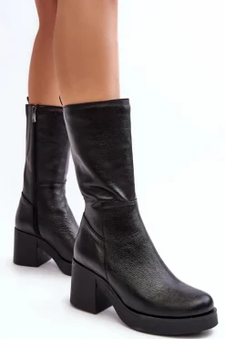 Damskie Skórzane Kozaki Na Masywnym Słupku Czarne Lemar Odennia