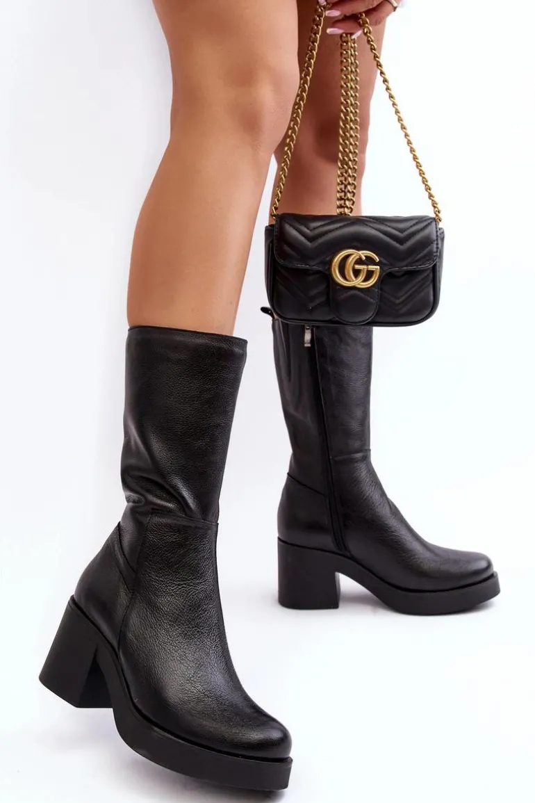 Damskie Skórzane Kozaki Na Masywnym Słupku Czarne Lemar Odennia