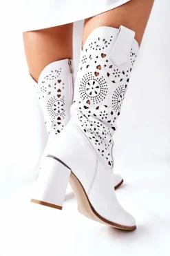 Damskie Skórzane Kozaki na Słupku Białe Lewski 2923 Pick Me Up