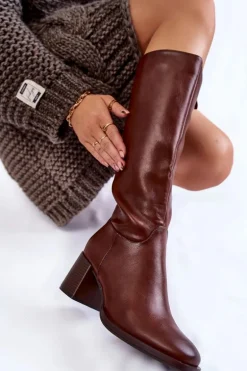 Damskie Skórzane Kozaki Na Słupku Brązowe Bremo