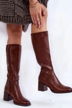 Damskie Skórzane Kozaki Na Słupku Brązowe Bremo