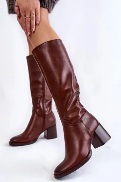 Damskie Skórzane Kozaki Na Słupku Brązowe Bremo