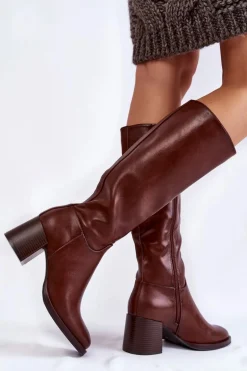 Damskie Skórzane Kozaki Na Słupku Brązowe Bremo