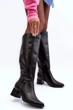 Damskie Skórzane Kozaki Na Obcasie Czarne Lewski 2928/B/2