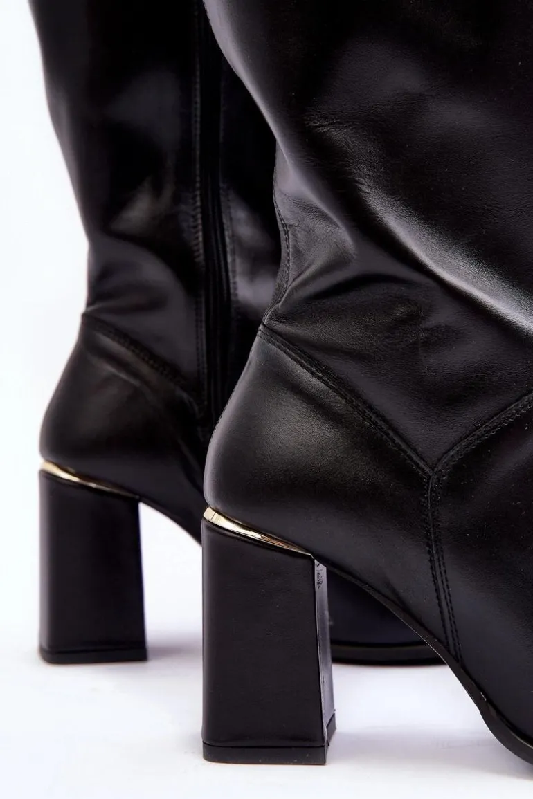 Damskie Skórzane Kozaki Na Słupku Czarne Lewski 2928/B