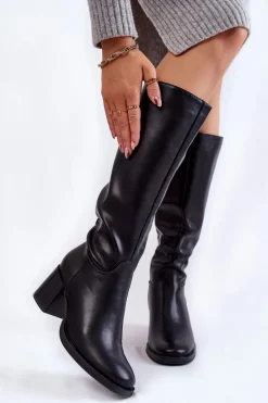 Damskie Skórzane Kozaki Na Słupku Czarne Bremo