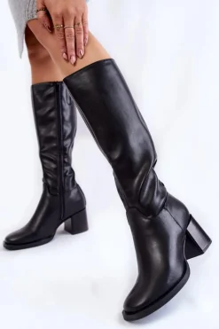 Damskie Skórzane Kozaki Na Słupku Czarne Bremo