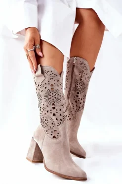 Damskie Skórzane Kozaki na Słupku Cappuccino Lewski 2923 Pick Me Up