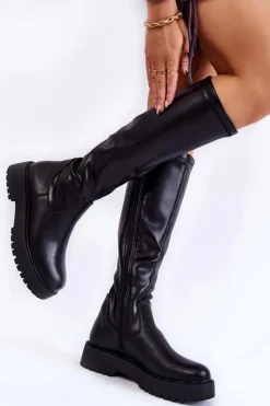 Damskie Skórzane Kozaki Na Platformie Czarne Aretha