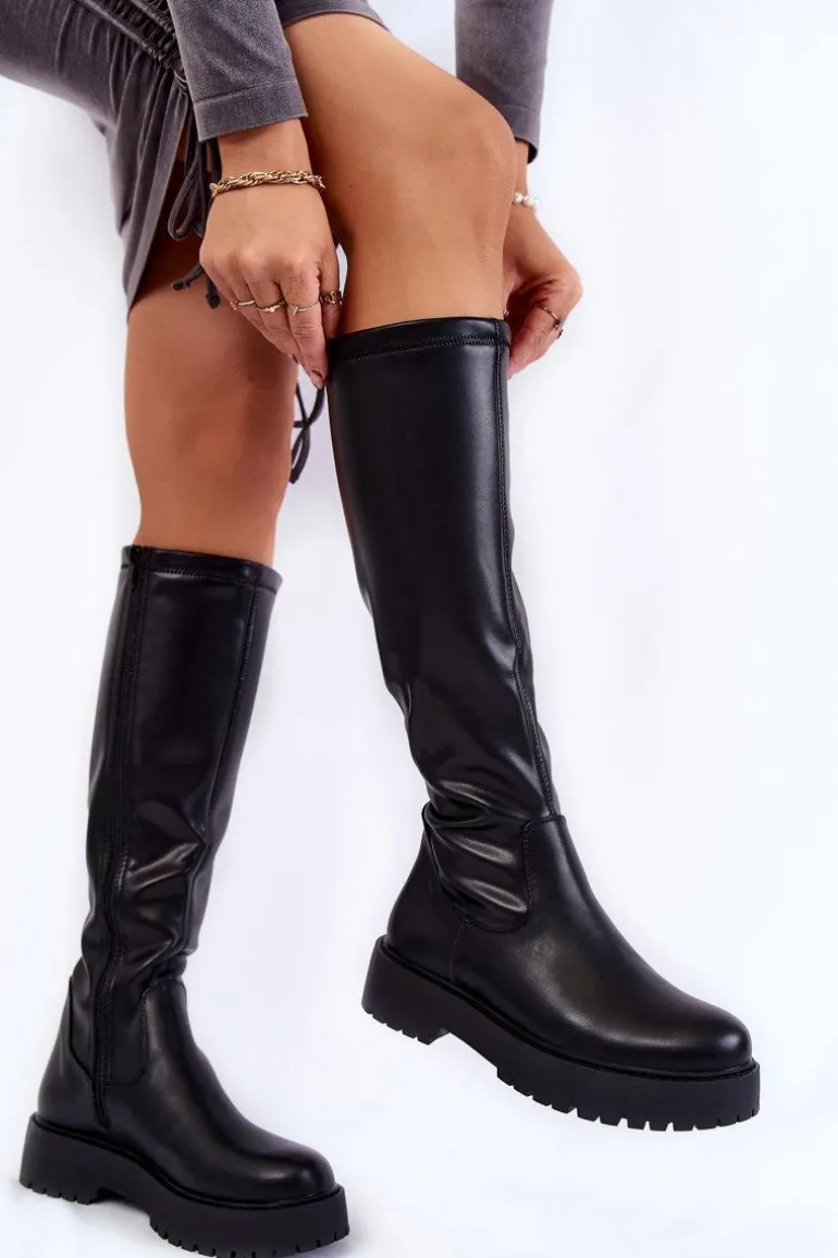 Damskie Skórzane Kozaki Na Platformie Czarne Aretha