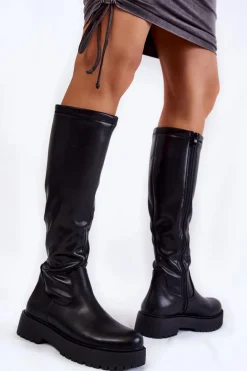 Damskie Skórzane Kozaki Na Platformie Czarne Aretha