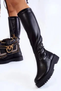 Damskie Skórzane Kozaki Na Platformie Czarne Aretha