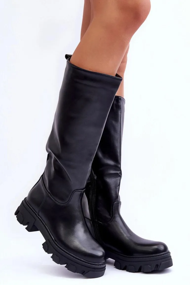 Damskie Skórzane Kozaki Oficerki Na Płaskim Obcasie Czarne Nenet