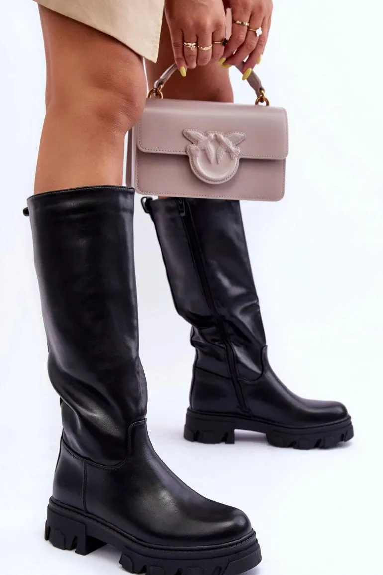 Damskie Skórzane Kozaki Oficerki Na Płaskim Obcasie Czarne Nenet