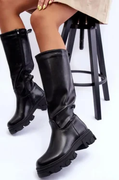 Damskie Skórzane Kozaki Oficerki Na Płaskim Obcasie Czarne Nenet