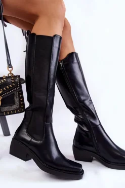 Damskie Skórzane Kozaki Oficerki Czarne Larsen