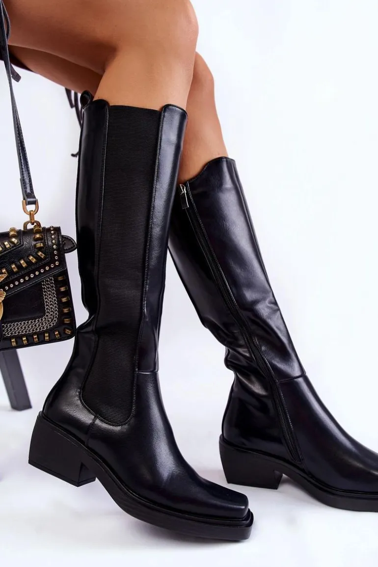 Damskie Skórzane Kozaki Oficerki Czarne Larsen