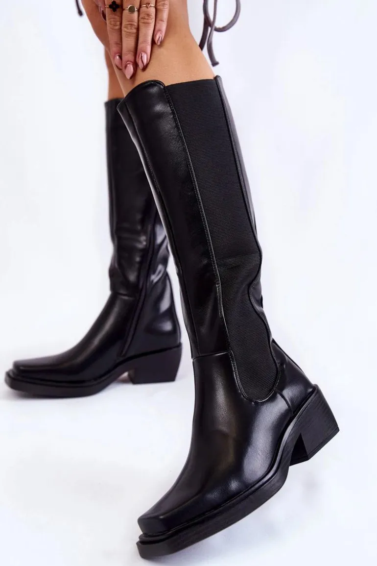 Damskie Skórzane Kozaki Oficerki Czarne Larsen