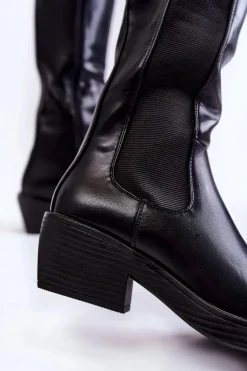 Damskie Skórzane Kozaki Oficerki Czarne Larsen