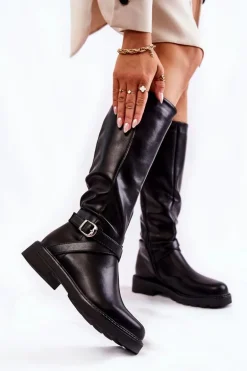 Damskie Skórzane Kozaki Z Paskiem Czarne Liese