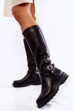 Damskie Skórzane Kozaki Z Paskiem Czarne Liese