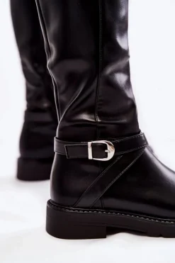Damskie Skórzane Kozaki Z Paskiem Czarne Liese