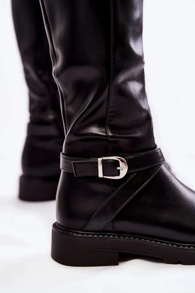 Damskie Skórzane Kozaki Z Paskiem Czarne Liese