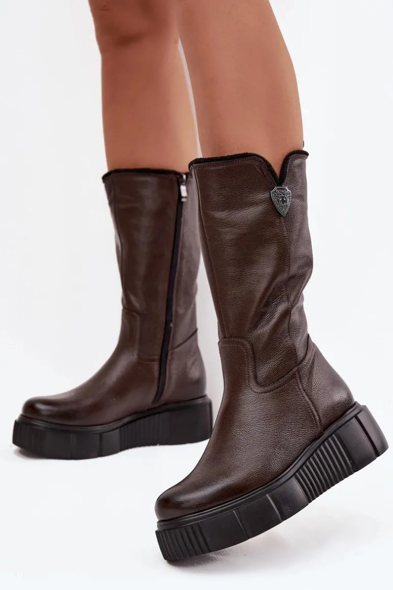 Damskie Skórzane Kozaki Z Wełną Zazoo 70121 Czekoladowe