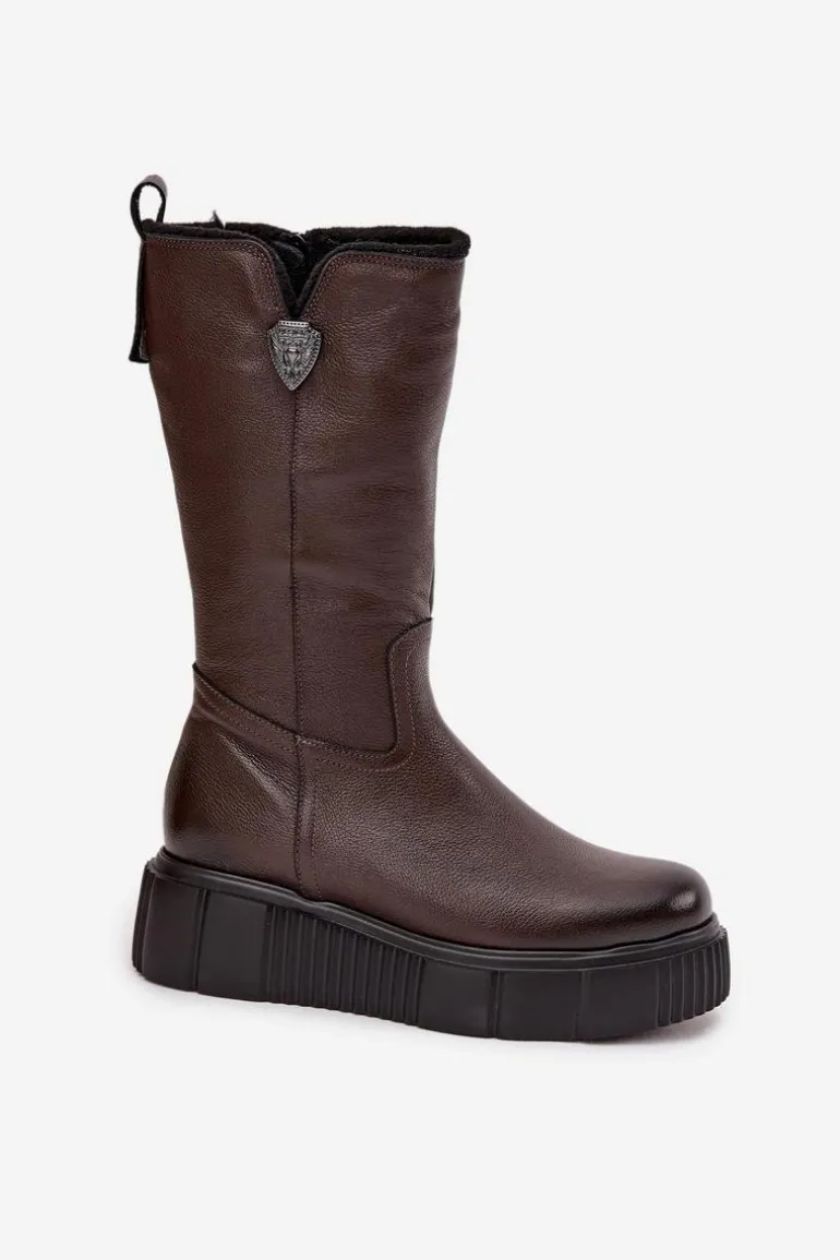 Damskie Skórzane Kozaki Z Wełną Zazoo 70121 Czekoladowe