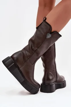 Damskie Skórzane Kozaki Z Wełną Zazoo 70121 Czekoladowe